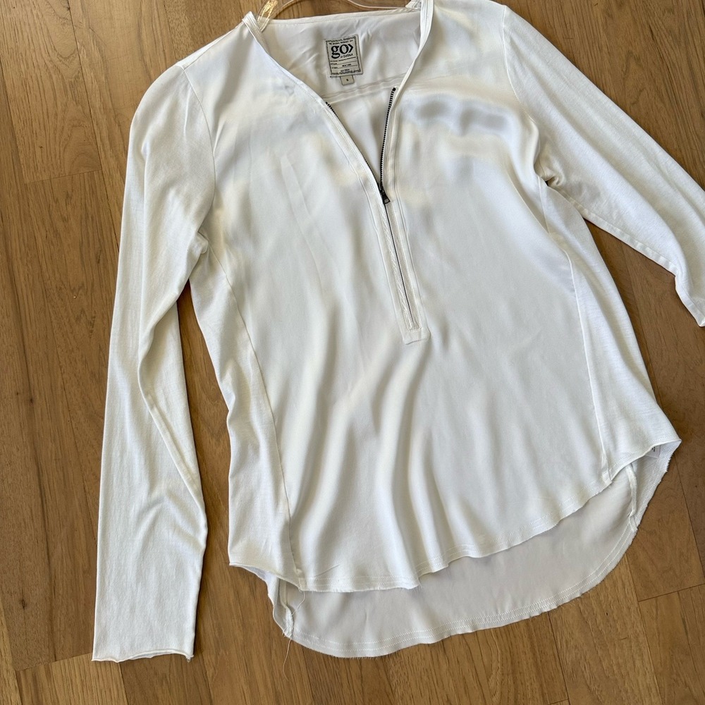 GoSilk Go Zip Up Top Womens Small White Long Sleeve Washable Silk Cotton $295‎